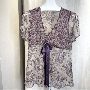 Cote Femme Silk Lavender Based Floral Short Sleeve Top - Size 38 - U.S. 6